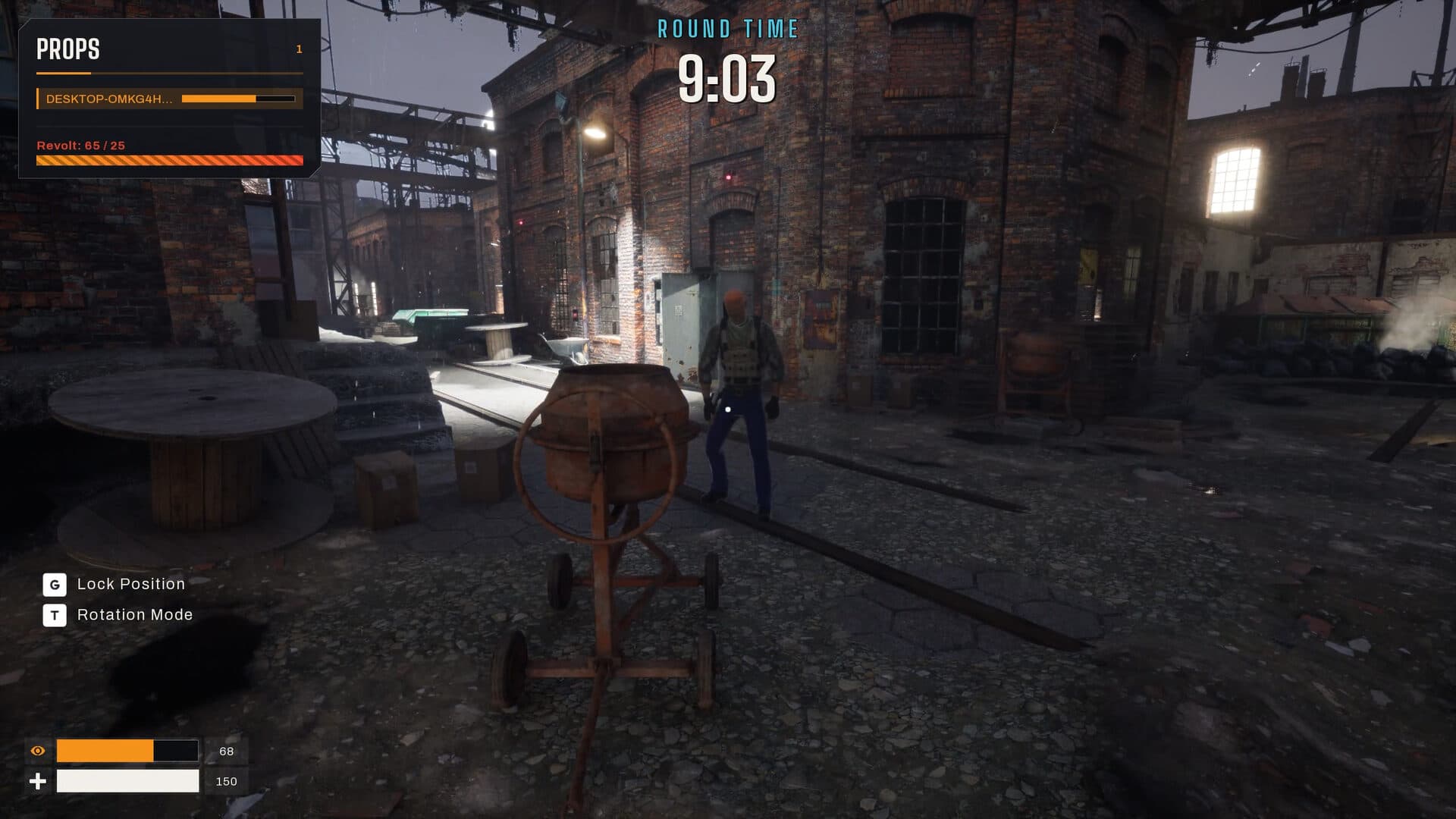 A hunter stares at a cement mixer that is sweating