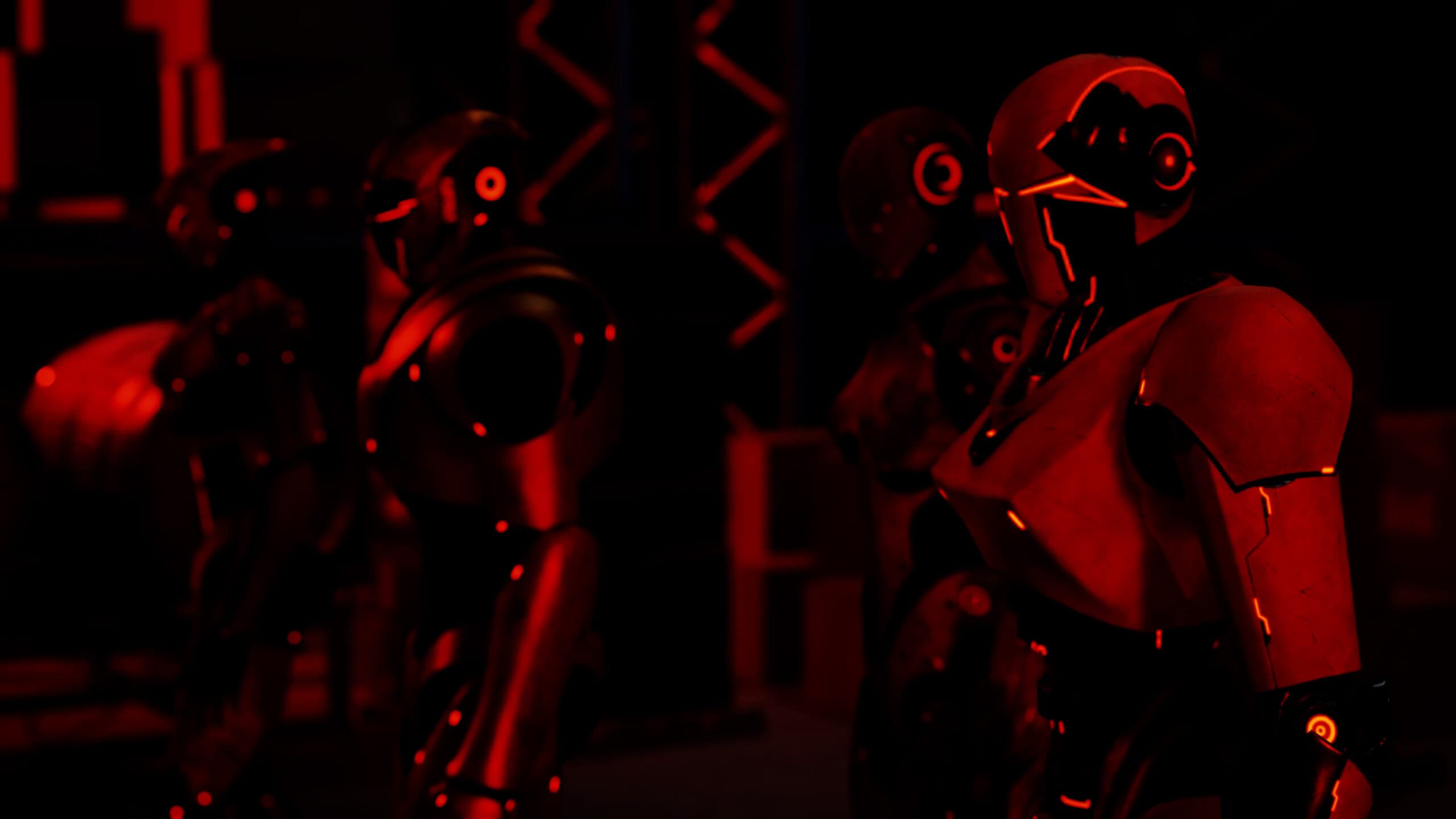 Hunter robots in red emergency light